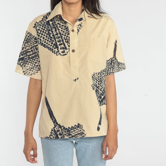Abstract Print Shirt 70s Tan Geometric Polo Shirt… - image 5