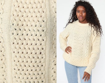 Cream Wool Sweater Sheer Knit 80s Slouchy Pullover Raglan Sleeve Jumper 70s Vintage Retro Nerd Medium Large