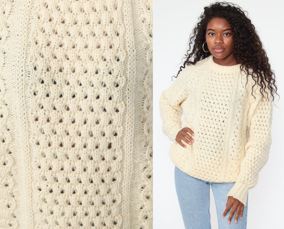 Cream Wool Sweater Sheer Knit 80s Slouchy Pullover Raglan Sleeve Jumper 70s Vintage Retro Nerd Medium Large