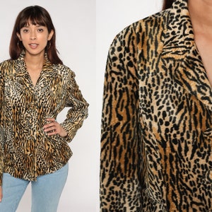 Animal Print Jacket 90s Faux Fur Coat Button up Blazer Cheetah Leopard Tiger Stripe Boho Cocktail Party Furry Fuzzy Vintage 1990s Large L image 1