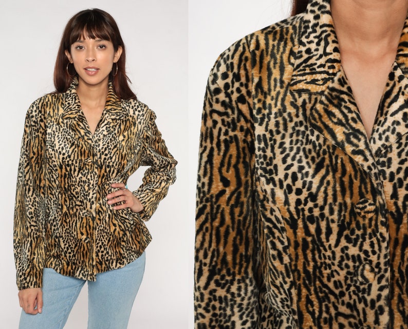 Animal Print Jacket 90s Faux Fur Coat Button up Blazer Cheetah Leopard Tiger Stripe Boho Cocktail Party Furry Fuzzy Vintage 1990s Large L image 1