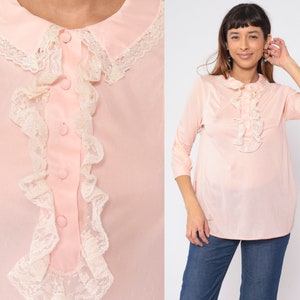 Baby Pink Ruffle Blouse 70s Tuxedo Shirt Lace Ruffled Half Button Up Jabot Collar Top Secretary Victorian 3/4 Sleeve Vintage 1970s Small S image 1