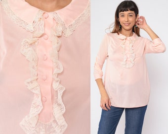 Baby Pink Ruffle Blouse 70s Tuxedo Shirt Lace Ruffled Half Button Up Jabot Collar Top Secretary Victorian 3/4 Sleeve Vintage 1970s Small S