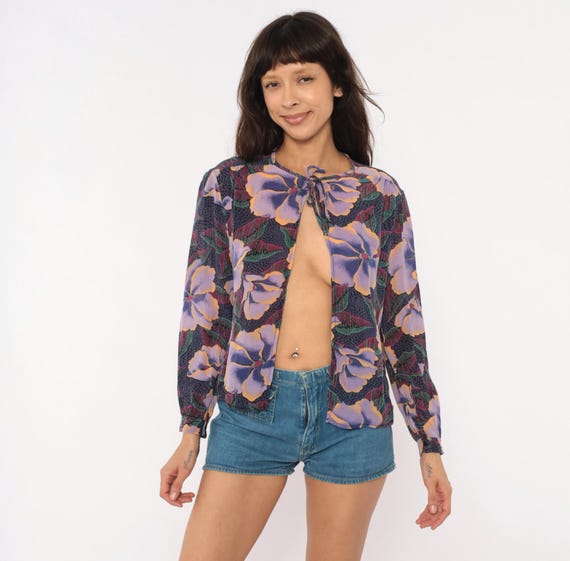 80s Floral Tie Neck Blouse Purple Lavender Teal Tropical Long Sleeve Open Front Semi Sheer Top Violet Hibiscus Flower Leaf Shirt Medium M