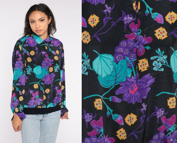 90s Floral Blouse Long Sleeve Collared Shirt Black Banded Hem Quarter Button Up Top Boho 80s Vintage Bohemian Retro Purple Print Large L