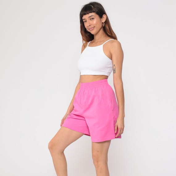 90s Hot Pink Cotton Shorts High Rise Elastic Waist Bermuda Casual Athletic Summer Bright Fuchsia Magenta Vintage Barbiecore Medium M