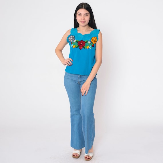 Blue Mexican Blouse 90s Floral Embroidered Tank Top Peasant Hippie Sleeveless Tent Shirt Scalloped Neckline Summer Boho Vintage 1980s Small