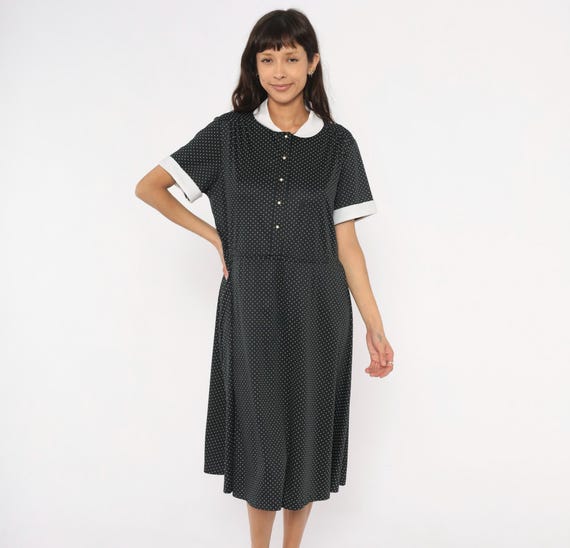 Polka Dot Peter Pan Collar Dress 70s Black White Button Front A Line Midi Short Sleeve Cuffed Cottage Core Pin Up Vintage Extra Large XL