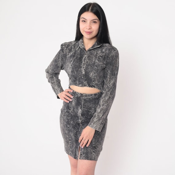 Denim Mini Dress 90s Peekaboo Acid Wash Button Up Bodycon Dress 1990s Faded Black Jean Dress Vintage Sheath Minidress Rampage Extra Small xs