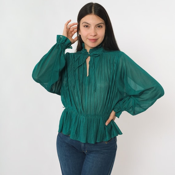 Vintage Green Pleated Blouse 70s Bohemian Ruffle Peplum Shirt Blouson Slouchy Semi-Sheer Boho Retro Keyhole Neck Top Party 1970s Medium M