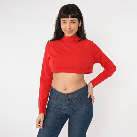 70s Red Crop Top Mock Neck Blouse Cropped Shirt Retro Mod Long Sleeve Seventies Basic Plain Boho Vintage 1970s Nylon Knit Medium M