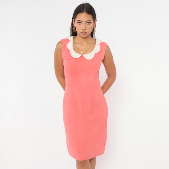 60s Pink Shift Dress Scalloped Peter Pan Collar Cotton Sleeveless Coral White Mod A Line Go Go Preppy Coquette Sheath Party Vintage Small S