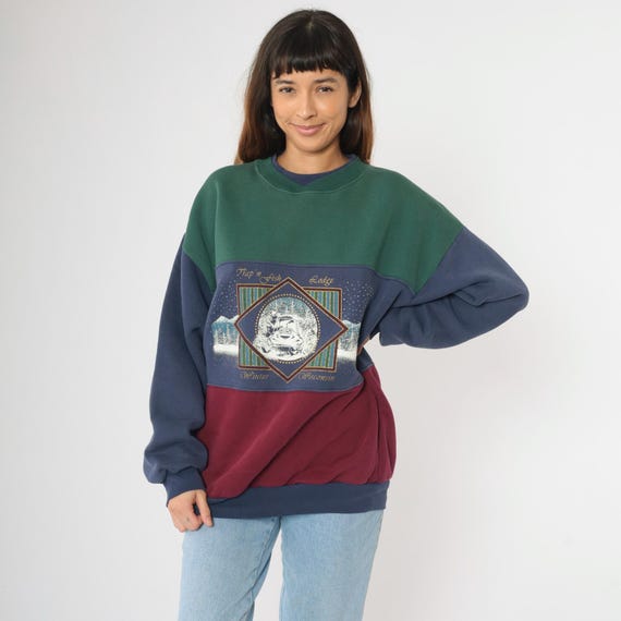 Vintage 90s Trap N Fish Lodge Sweatshirt Winter Wisconsin Snowmobile Scene Color Block Green Navy Burgundy Crewneck 1990s XXL Plus Size