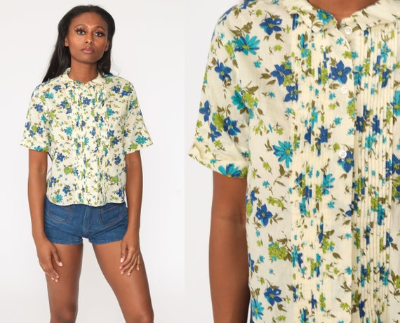 Yellow Floral Blouse 60s Blouse Peter Pan Collar Shirt Blue Mad Men Button Up Top Novelty 1960s Vintage Short Sleeve Small S