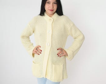 Vintage 60s 70s Cream Knit Cardigan Sweater, Oversize Collar