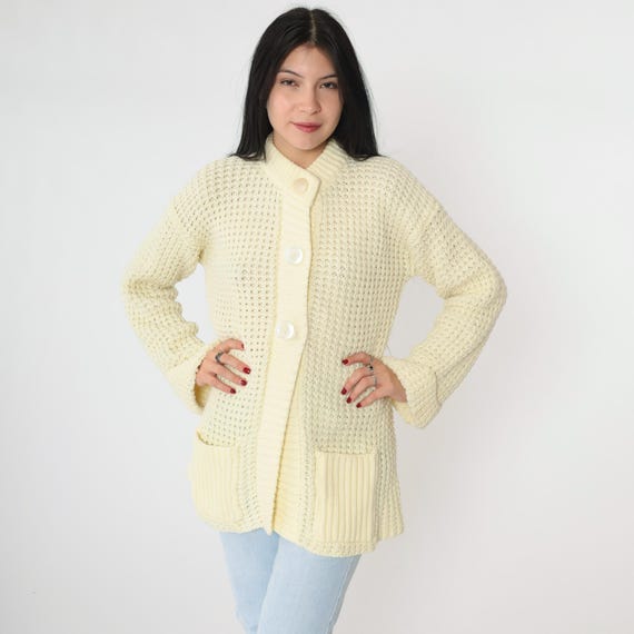 Vintage 70s Cream Yellow Cardigan Waffle Knit Sweater Boho Button Up Front Slit Acrylic Ribbed Collar Pockets 1970s Bohemian Medium Large