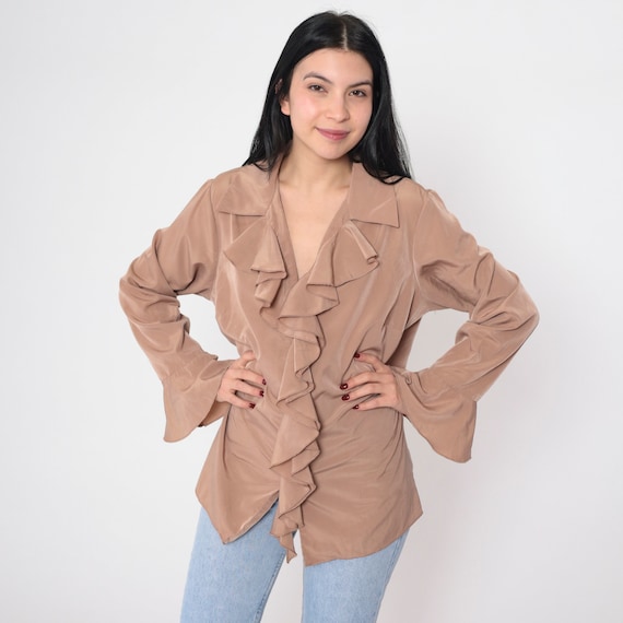 Cocoa Brown Ruffle Shirt 90s Blouse Ruffled V Neck Long Bell Sleeve Top Boho Secretary V-Neck Bohemian Formal Glam Vintage 1990s Large L 14