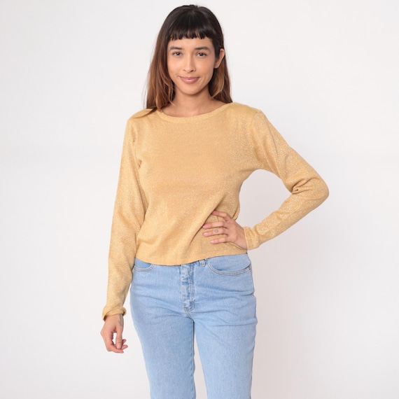 Gold Metallic Sweater 90s Sparkle Pullover Top Champagne Shimmer Party Dressy Club Going Out Holiday Festive Glitter Knit Vintage Small S