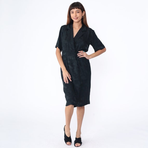 Black Silk Dress 90s Wrap Dress Embossed Midi Dress V Neck Midi Sheath High Waist Short Sleeve Plain Retro Chic Vintage 1990s Medium 8
