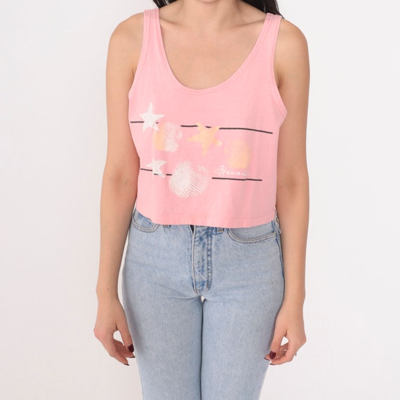 Hawaii Tank Top 90s Pink Crop Top Hawaiian Shell Starfish Graphic Tee Cropped T-Shirt Surfer Single Stitch Vintage 1990s Fun Tees Medium M