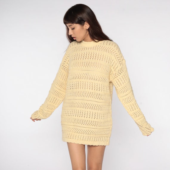 Sheer Yellow Sweater 80s Sparkly Metallic Sweater Knit Sweater Pullover Retro Open Weave 90s Cutout Sweater Vintage Cut Out Large