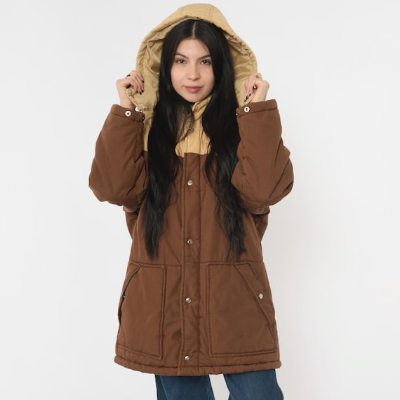 Vintage 80s Western Puffer Jacket Hooded Two Tone Retro Ski Jacket
