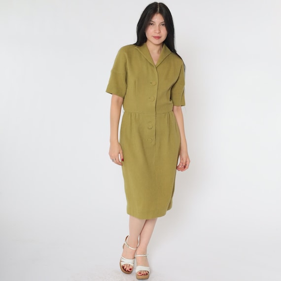 60s Wool Dress Olive Green Button Up Pencil Midi Sheath Mad Men Wiggle Dress High Waist Day 1960s Secretary Vintage Hourglass Medium 8