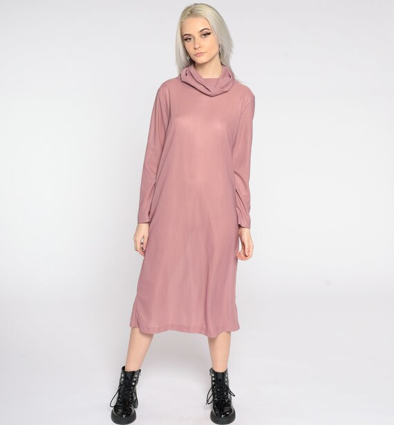 Sheer Pink Dress Cowl Neck Midi Dress 80s Plain Dress Vintage Long sleeve Mock Neck Dress 1980s Shift Dress Column Basic Small Medium