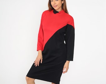 80s Color Block Dress Red Black Midi Long Sleeve Mock Neck 1980s Sheath Dress Vintage 1980s Body Con Retro Fitted Knee Length Medium