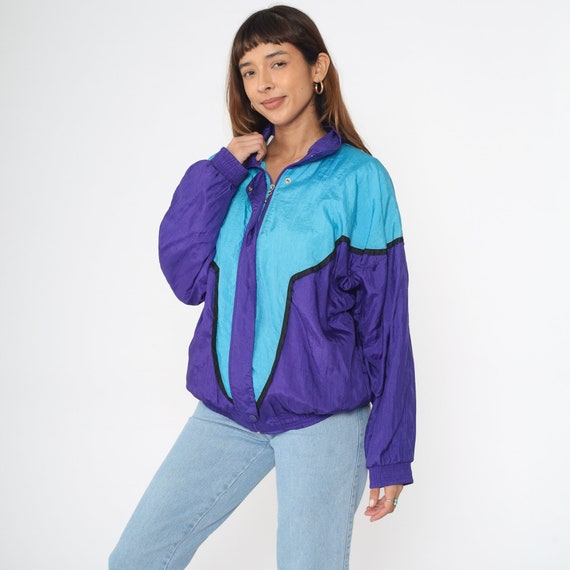 90s Colorblock Jacket Purple Blue Windbreaker Color Block Jacket Zip Up Retro Sporty Vintage 1990s Nylon Shell Warmup Jacket Warm Up Medium