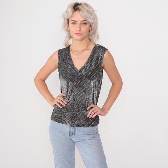 90s Party Top Silver Metallic Black Chevron V Neck Sleeveless Shimmer Vintage 1990s Glitter Tank Glam Evening Sparkle Y2K Clubwear Small S