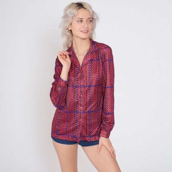 70s Checkered Blouse Button up Shirt Multicolor Check Print Long Sleeve Collared Shirt Retro Disco Blue Pink Brown Vintage 1970s Medium M
