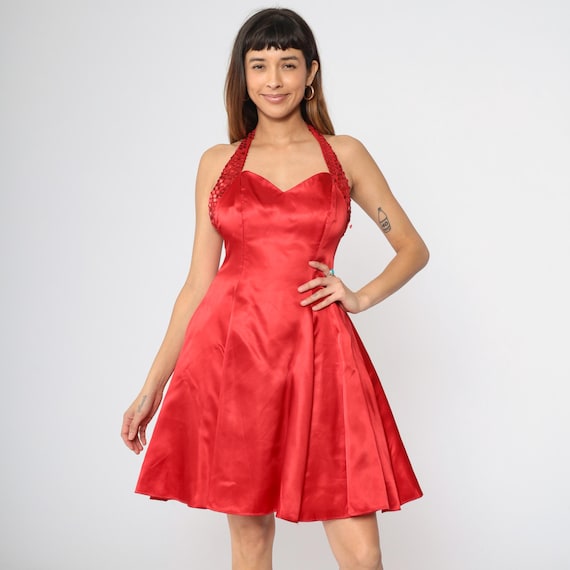 90s Red Satin Dress Sequin Party Dress Mini Halter Dress Open Back Full Skirt Sweetheart Neckline Cocktail Zum Zum Prom Vintage 1990s Medium