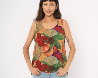 Floral Tank Top 90s Tropical Blouse Shell Red Green Tan Sand Botanical Leaf Flower Vacation Summer Shirt Halston Women Medium To Large ML