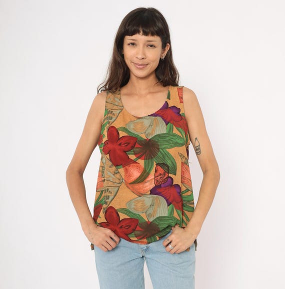 Floral Tank Top 90s Tropical Blouse Shell Red Green Tan Sand Botanical Leaf Flower Vacation Summer Shirt Halston Women Medium To Large ML
