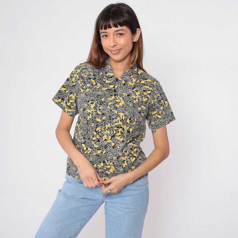 Black Floral Blouse 90s Button Up Shirt Retro Short Sleeve Top Flower Print Casual Hippie Summer 1990s Vintage Purple Yellow Small S image 5