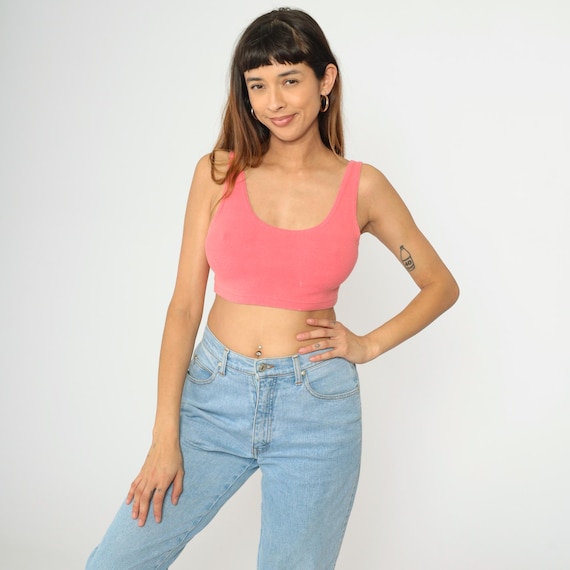 80s Pink Bodycon Crop Top Vintage Tank Top Plain Retro Scoop Neck Sleeveless Cropped Shirt Tight Cotton Spandex 1980s Small xs