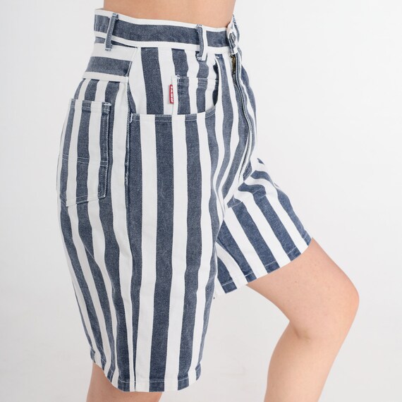 Striped Jean Shorts 90s Blue White Denim Shorts High Waisted Knee Length Tomboy Shorts Relaxed Retro Summer Vintage 1990s Get! Small S 26