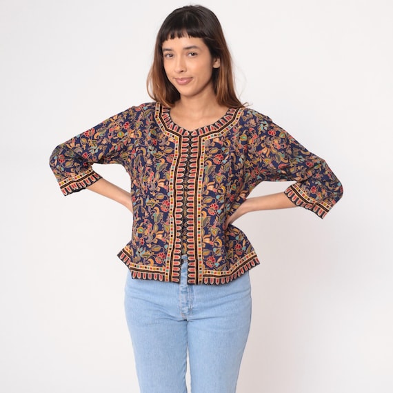 Floral Bohemian Blouse Y2K Navy Paisley Cotton V Neck Three Quarter Sleeve Vintage Border Print Blue Geometric Trim Shirt Tribal Small S