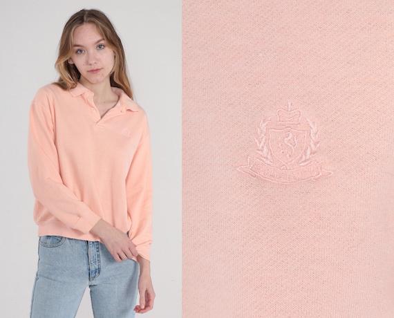 Pink Polo Sweatshirt 90s Collared Sweatshirt Retro Embroidered Crest Pullover Button Up Shirt Athleisure Streetwear Vintage 1990s Medium M