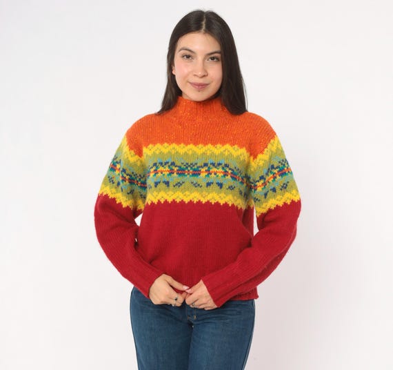90s Fair Isle Sweater Wool Mock Neck Pullover Red Orange Yellow Blue Knit Nordic Ski Lodge Winter Warm Chunky Turtleneck Vintage Medium M