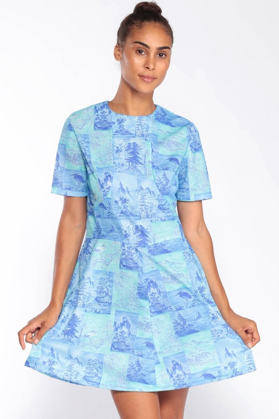 60s Mod Dress TREE PRINT Mod Mini 70s Hippie Boho BIRD Dress 1960s Vintage Blue High Waist Minidress Asian Inspired Medium