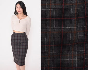 Geruite kokerrok jaren '80 knielengte Midi rok geruit hoog getailleerde Preppy Wiggle secretaris grijs zwart rood Vintage jaren 1980 Extra kleine xs 24