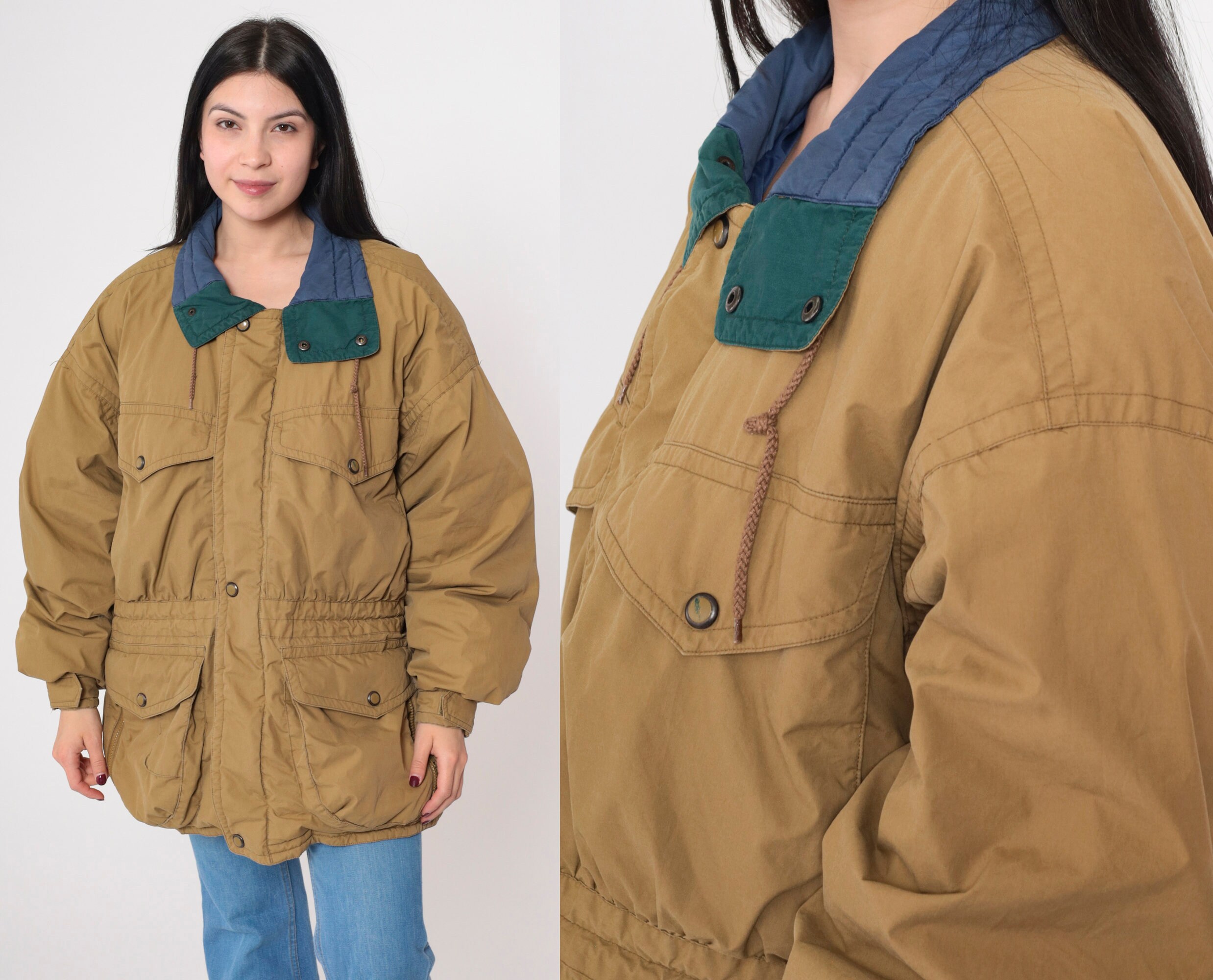 Vintage 90s St John's Bay Jacket Tan Blue Collar Down Filled