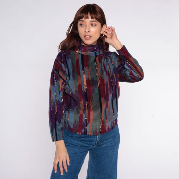 90s Southwestern Shirt Ikat Stripe Purple Teal Burgundy Orange Rust Long Sleeve Cotton Collar Vintage Tribal Geometric Blouse Top Small S