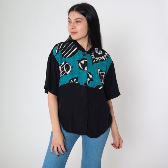 Abstract Print Blouse 90s Black Rayon Button up Shirt Teal Geometric Print Shirt Short Sleeve Boho Summer Vintage 1990s Oversized Small