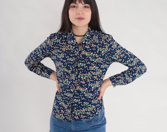 70s Floral Shirt Navy Blue Button up Blouse Daisy Tulip Flower Print Top Long Sleeve Retro Seventies Hippie Vintage 1970s Extra Small xs