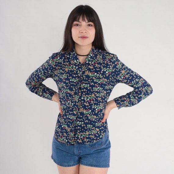 70s Floral Shirt Navy Blue Button up Blouse Daisy Tulip Flower Print Top Long Sleeve Retro Seventies Hippie Vintage 1970s Extra Small xs