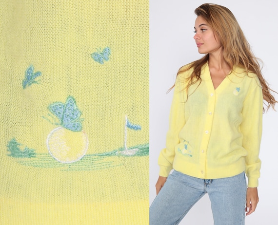 Embroidered Butterfly Sweater -- 70s Cardigan Golf Sweater Button Up Yellow Slouchy Boho Vintage 1970s Retro Nerd Bohemian Medium
