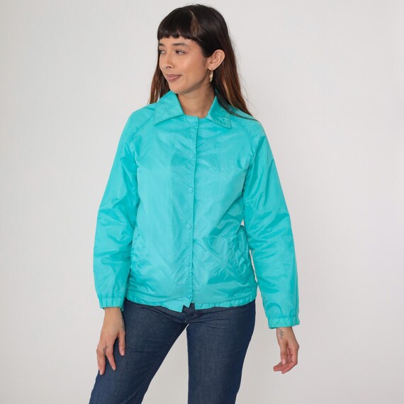 Teal Baseball Jacket 80s Nylon Jacket Blue Sportswear Windbreaker Snap Up Coach Jacket Cafe Racer Jacket Plain Collared Small S